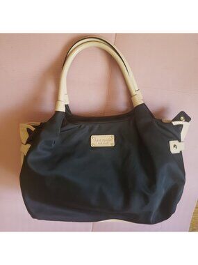 Kate Spade Black Stevie Satchel Bag Tan Leather Y2K Newspaper Print